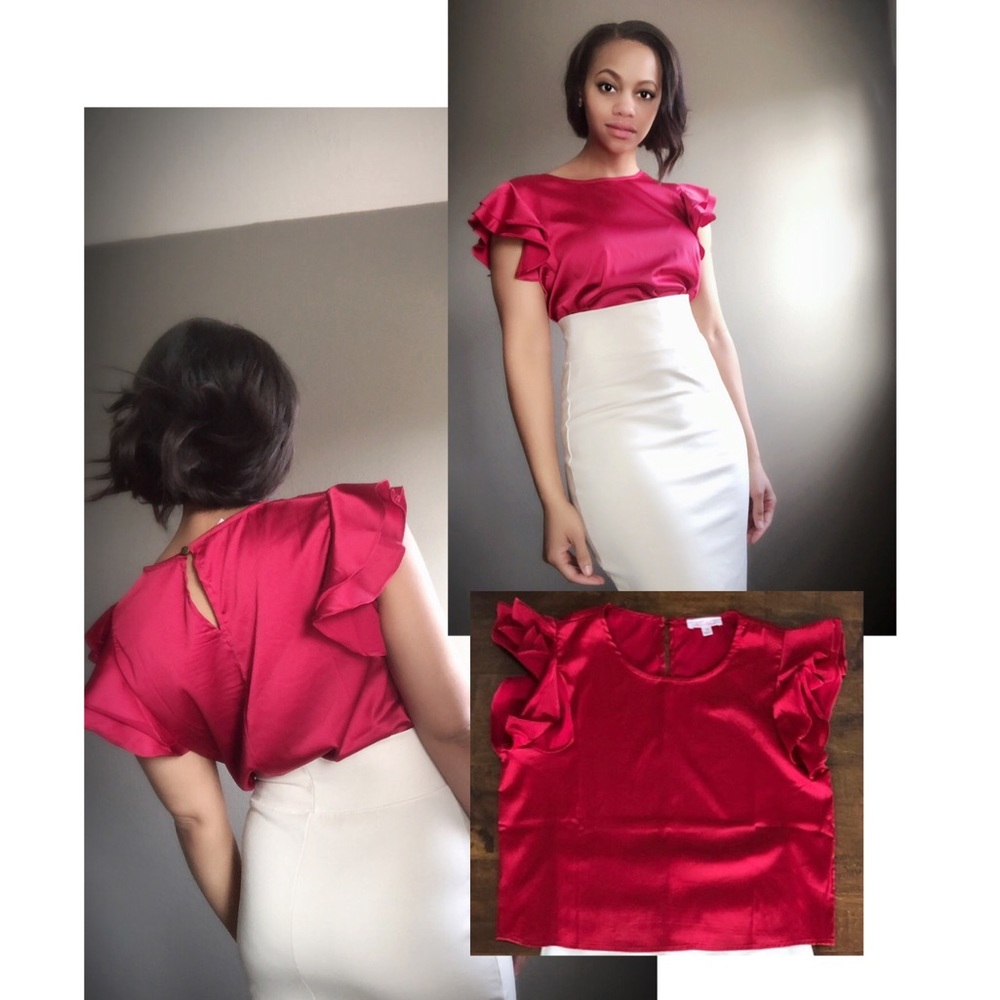 Cranberry red A’Gaci top ruffle sleeves